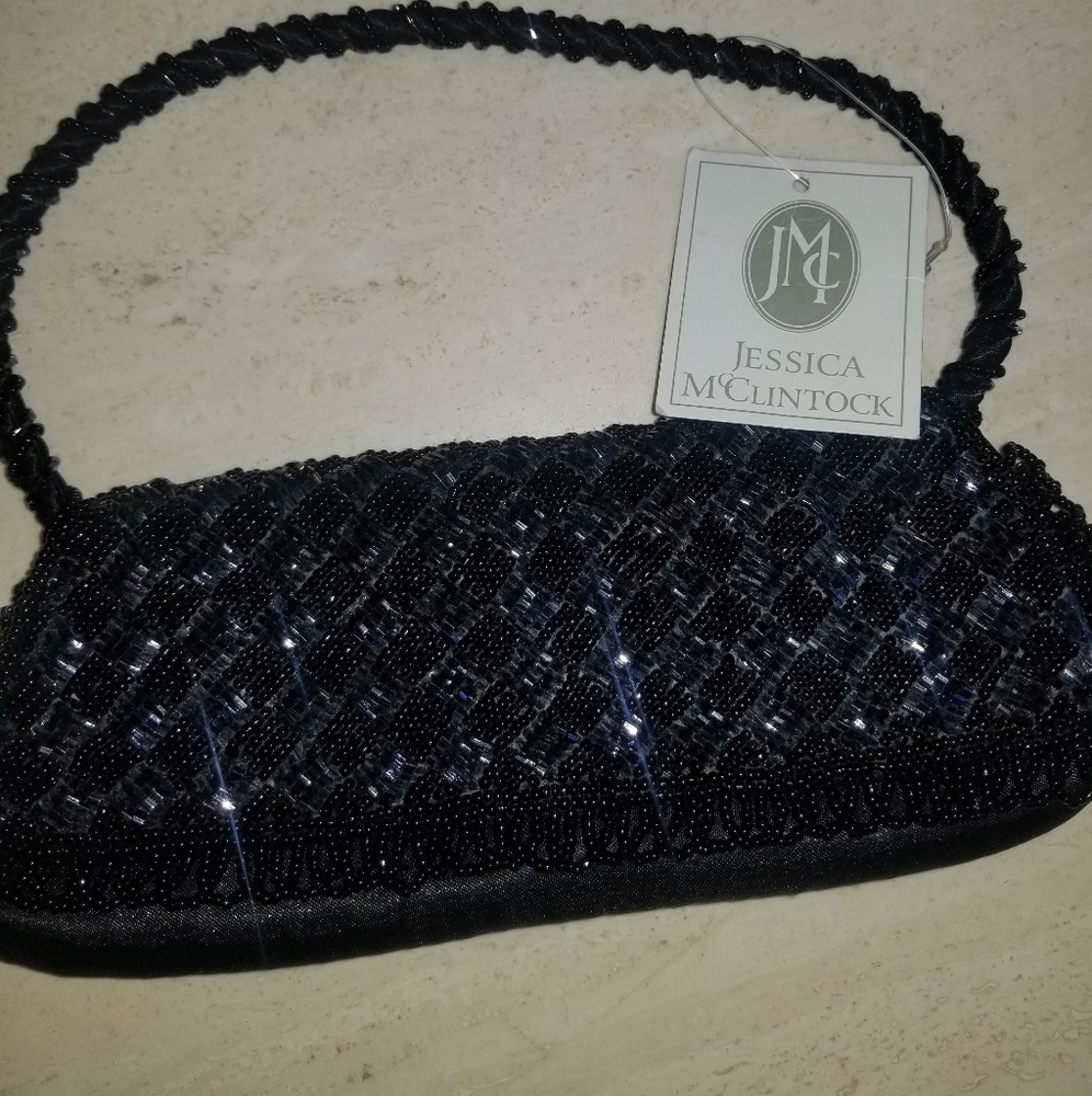 Jessica M'Clintock Black Satin Beaded Clutch